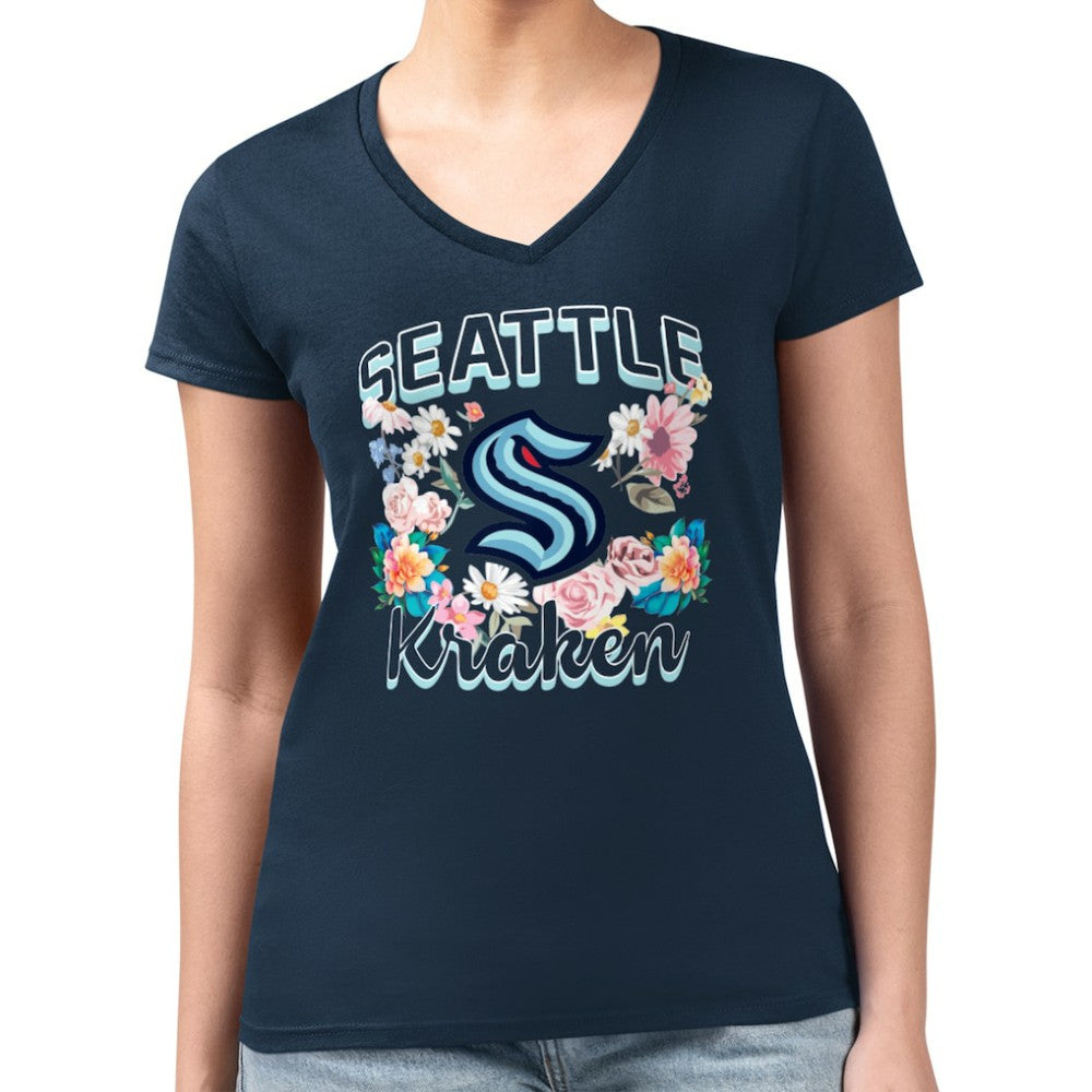 Seattle Kraken G-III 4Her by Carl Banks Women's Super-Slim Fit Lightweight Flower Logo V-Neck T-Shirt Navy