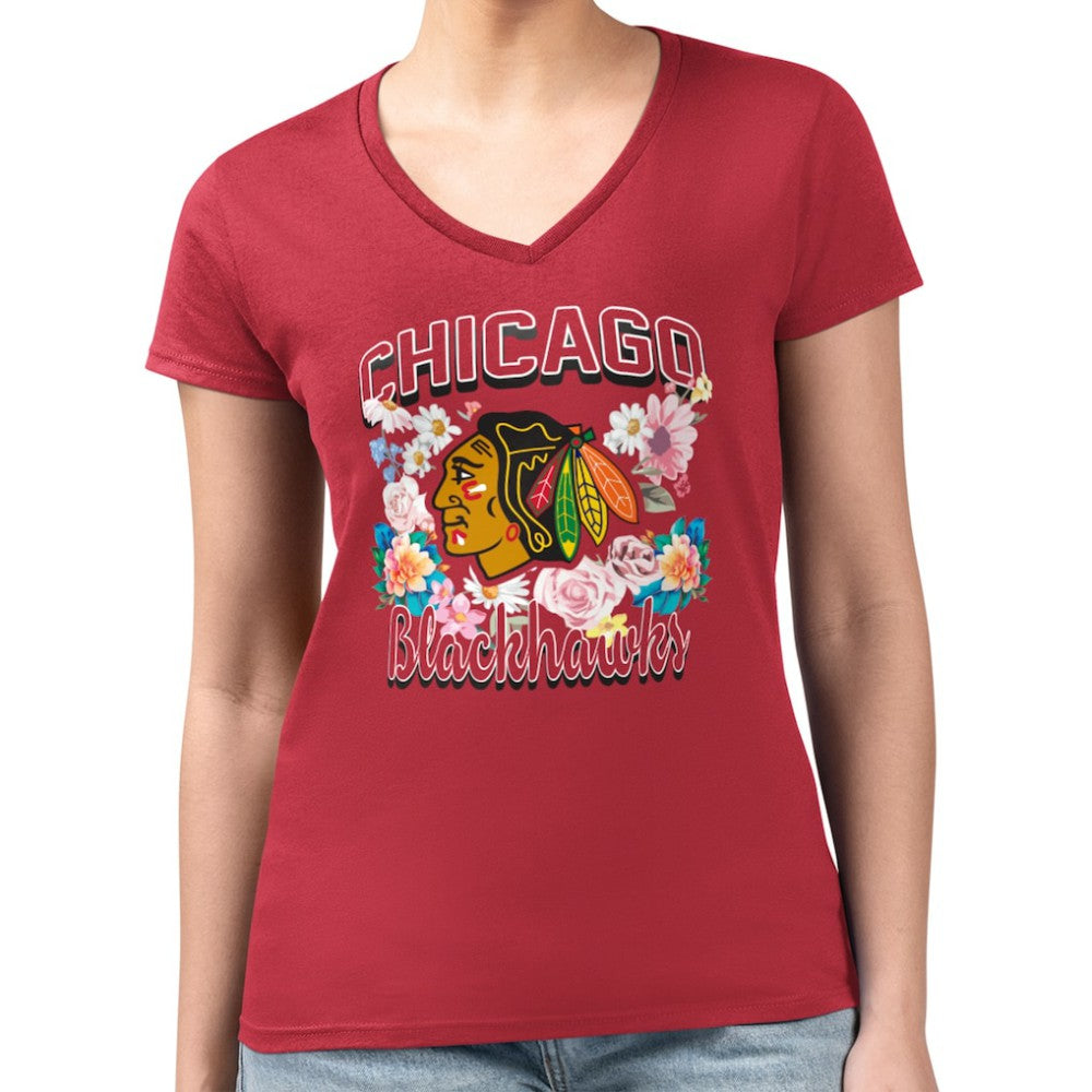 Chicago Blackhawks G-III 4Her by Carl Banks Women's Super-Slim Fit Lightweight Flower Logo V-Neck T-Shirt Red