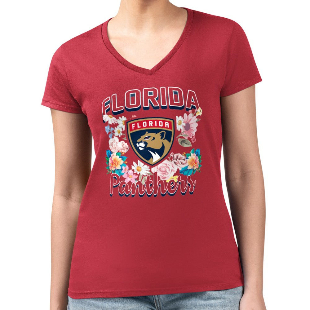 Florida Panthers G-III 4Her by Carl Banks Women's Super-Slim Fit Lightweight Flower Logo V-Neck T-Shirt Red