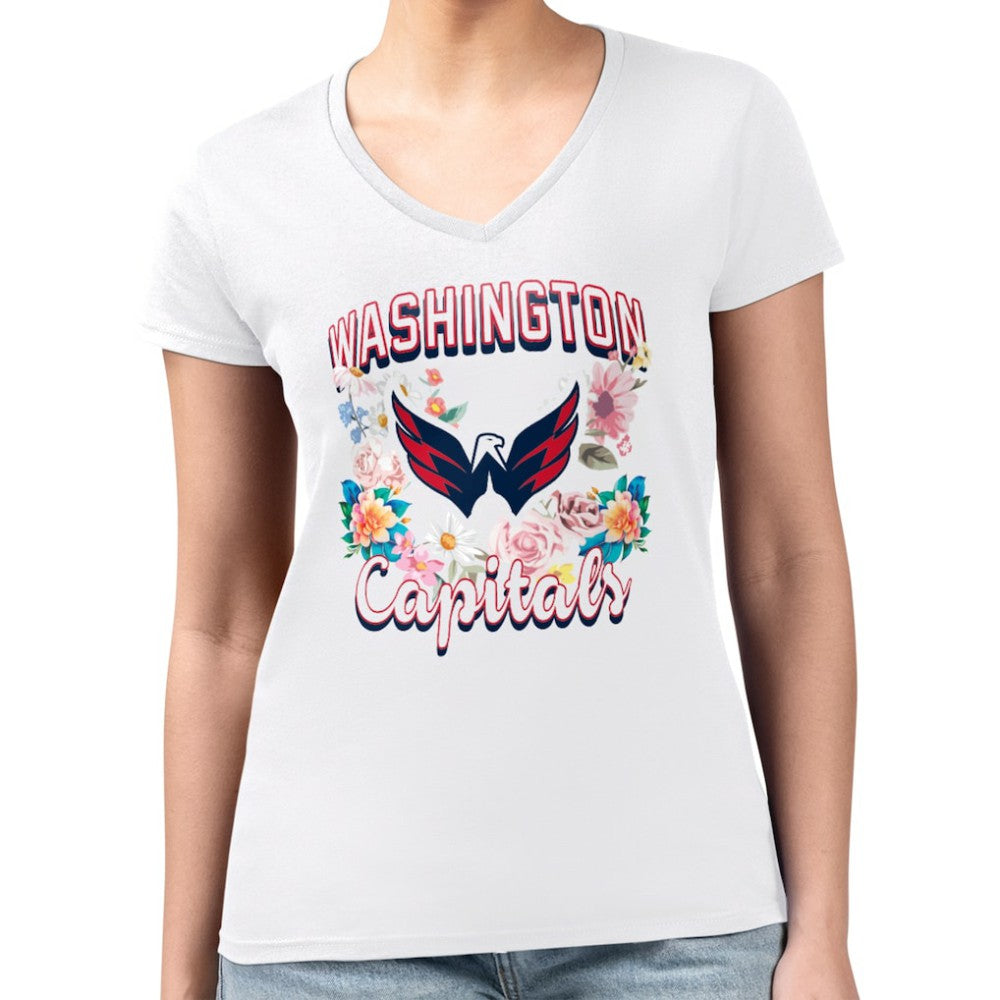 Washington Capitals G-III 4Her by Carl Banks Women's Super-Slim Fit Lightweight Flower Logo V-Neck T-Shirt White