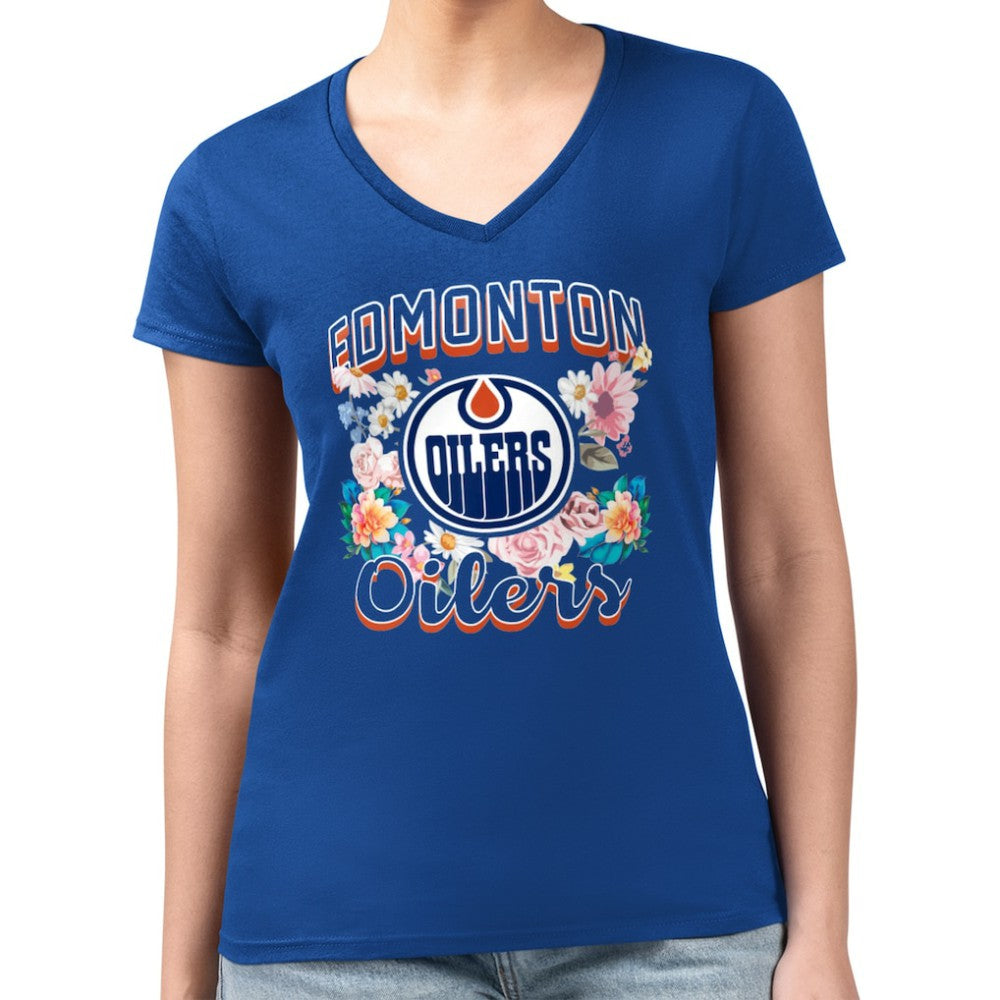 Edmonton Oilers G-III 4Her by Carl Banks Women's Super-Slim Fit Lightweight Flower Logo V-Neck T-Shirt Royal