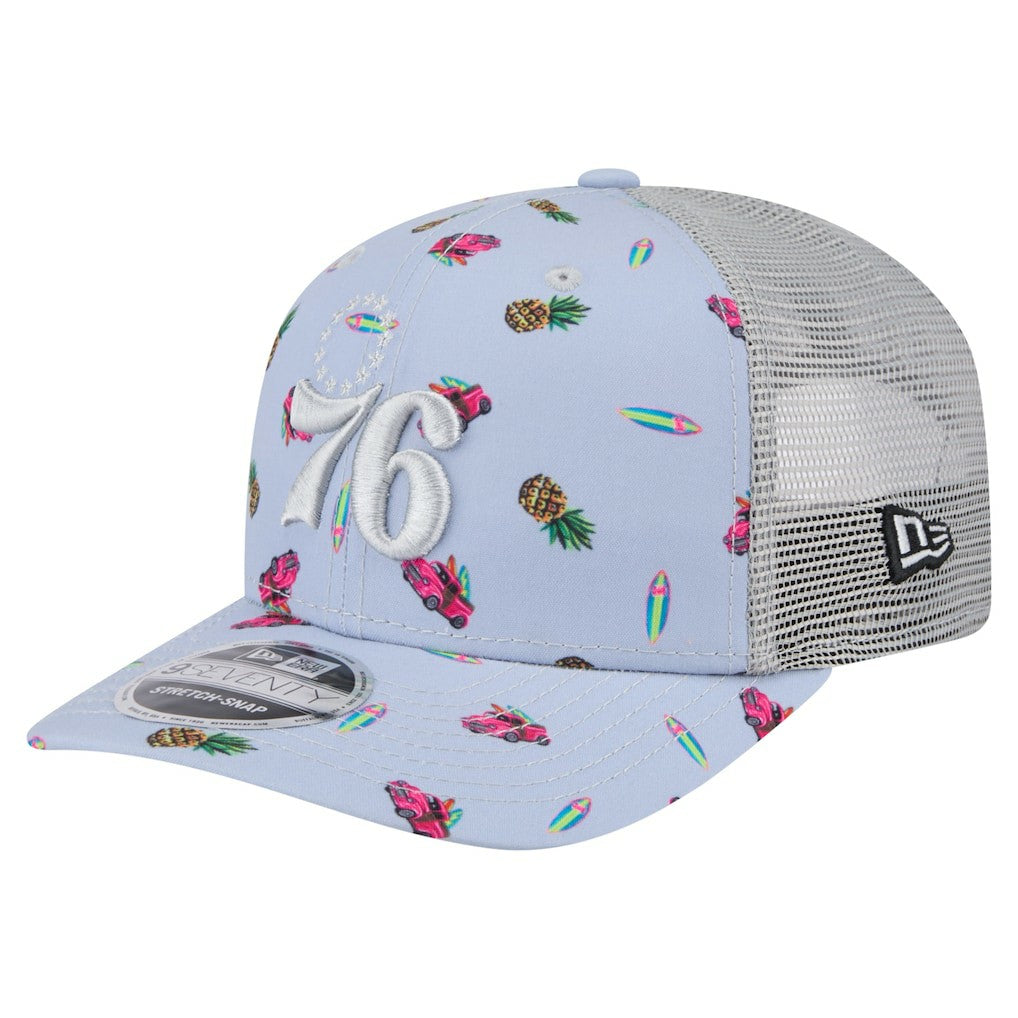Philadelphia 76ers Adventure Aloha Pattern 9SEVENTY Stretch-Snap Hat - Light Blue/Gray | New Era for sale