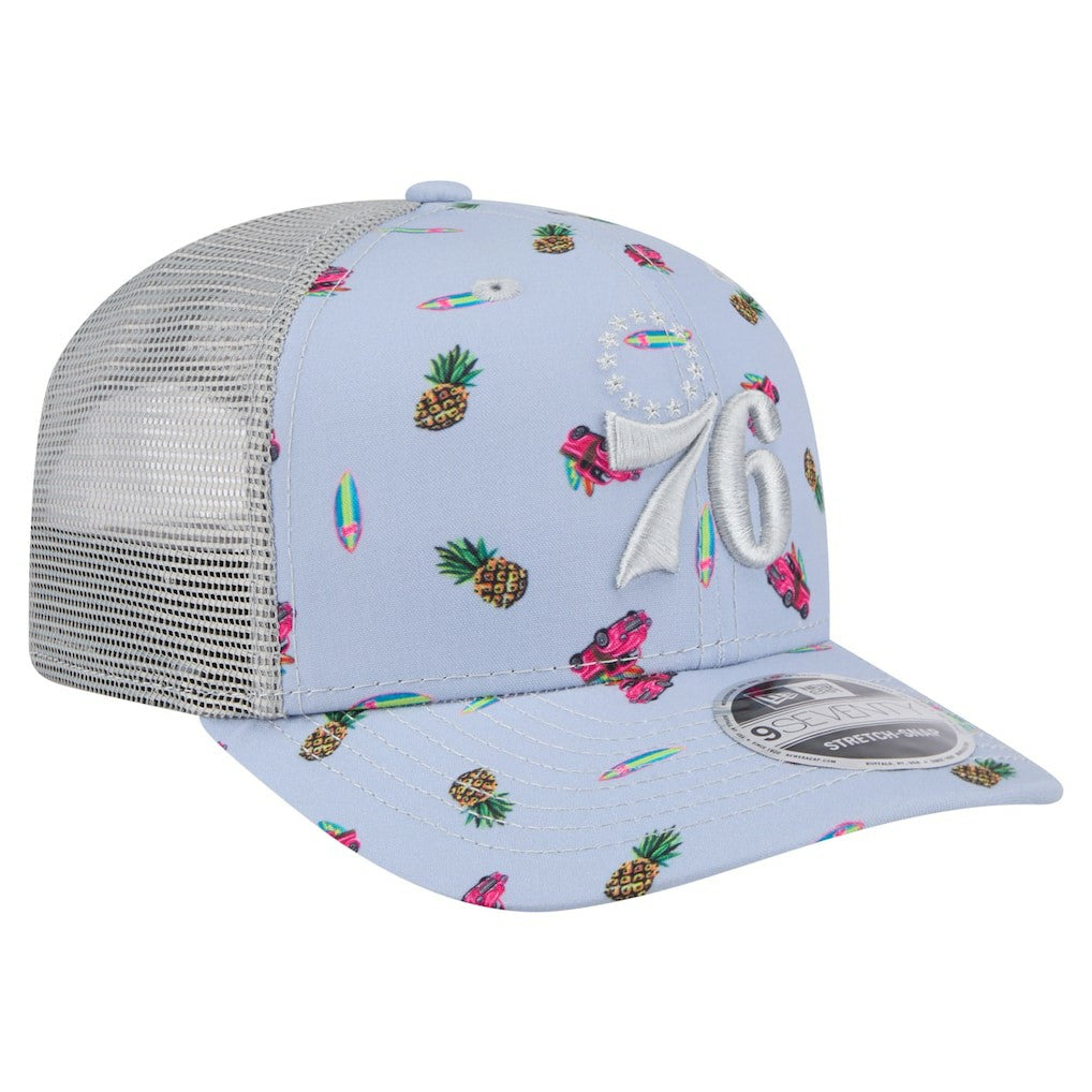 Philadelphia 76ers Adventure Aloha Pattern 9SEVENTY Stretch-Snap Hat - Light Blue/Gray | New Era for sale