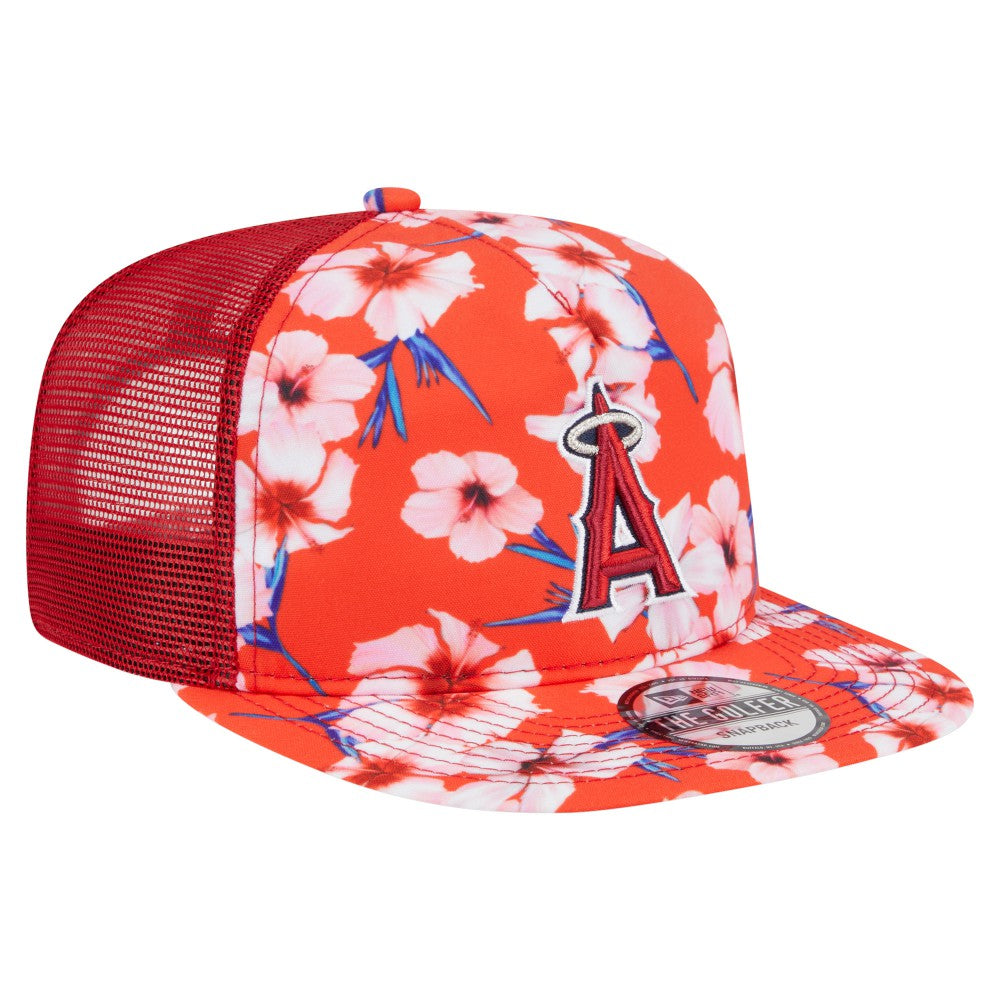 Los Angeles Angels Adventure Pattern Golfer Trucker Snapback Hat - Red | New Era