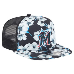 Miami Marlins Adventure Pattern Golfer Trucker Snapback Hat - Black | New Era