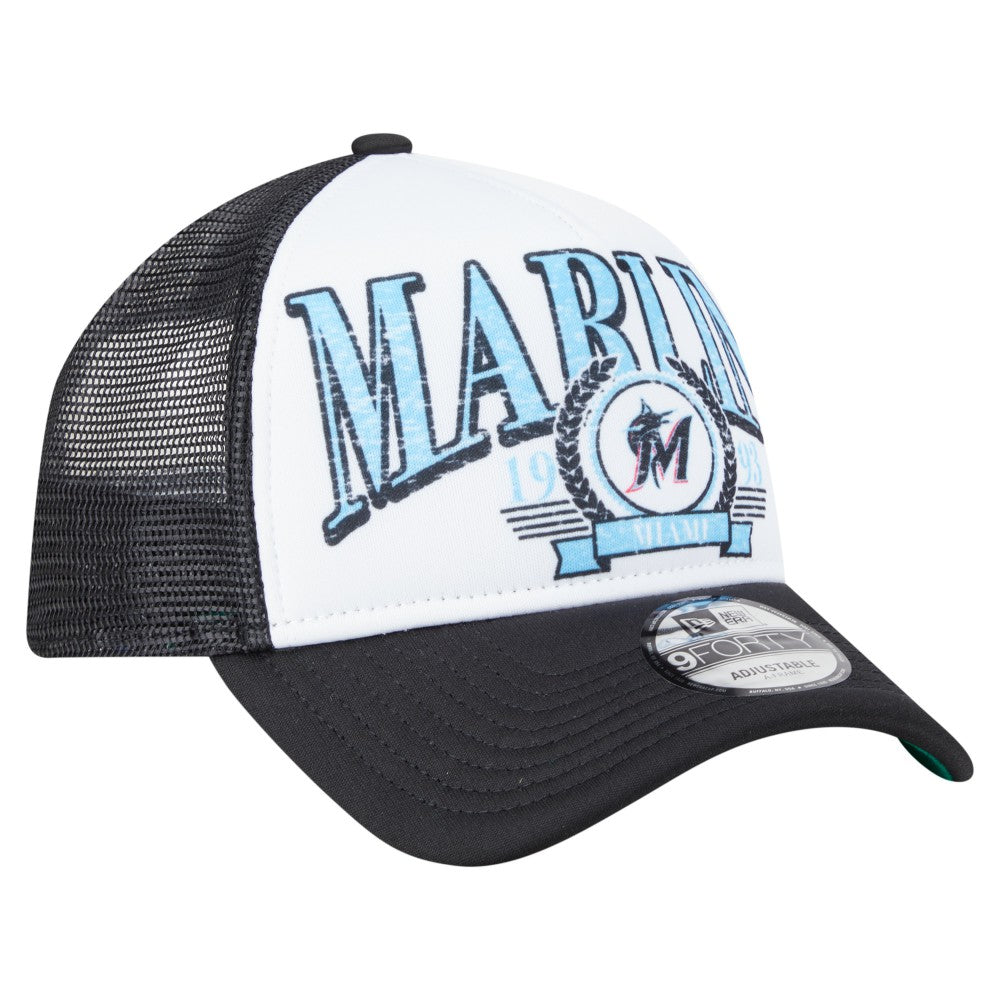 Miami Marlins Distressed 9FORTY A-Frame Adjustable Trucker Hat - Black | New Era