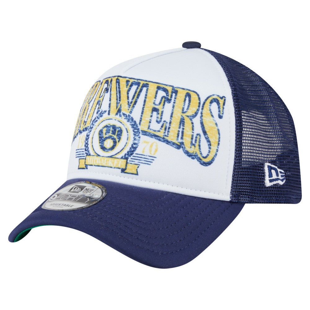 Milwaukee Brewers Distressed 9FORTY A-Frame Adjustable Trucker Hat - White | New Era