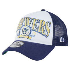 Milwaukee Brewers Distressed 9FORTY A-Frame Adjustable Trucker Hat - White | New Era