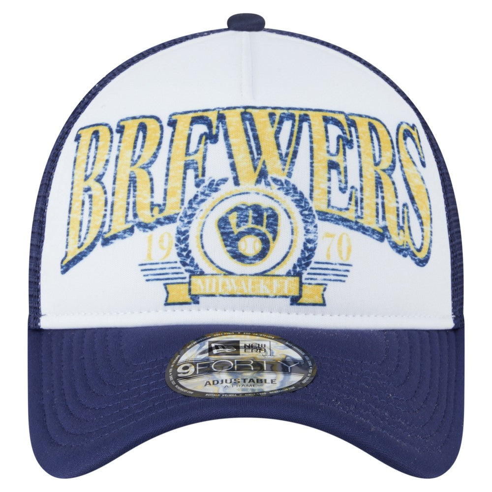 Milwaukee Brewers Distressed 9FORTY A-Frame Adjustable Trucker Hat - White | New Era