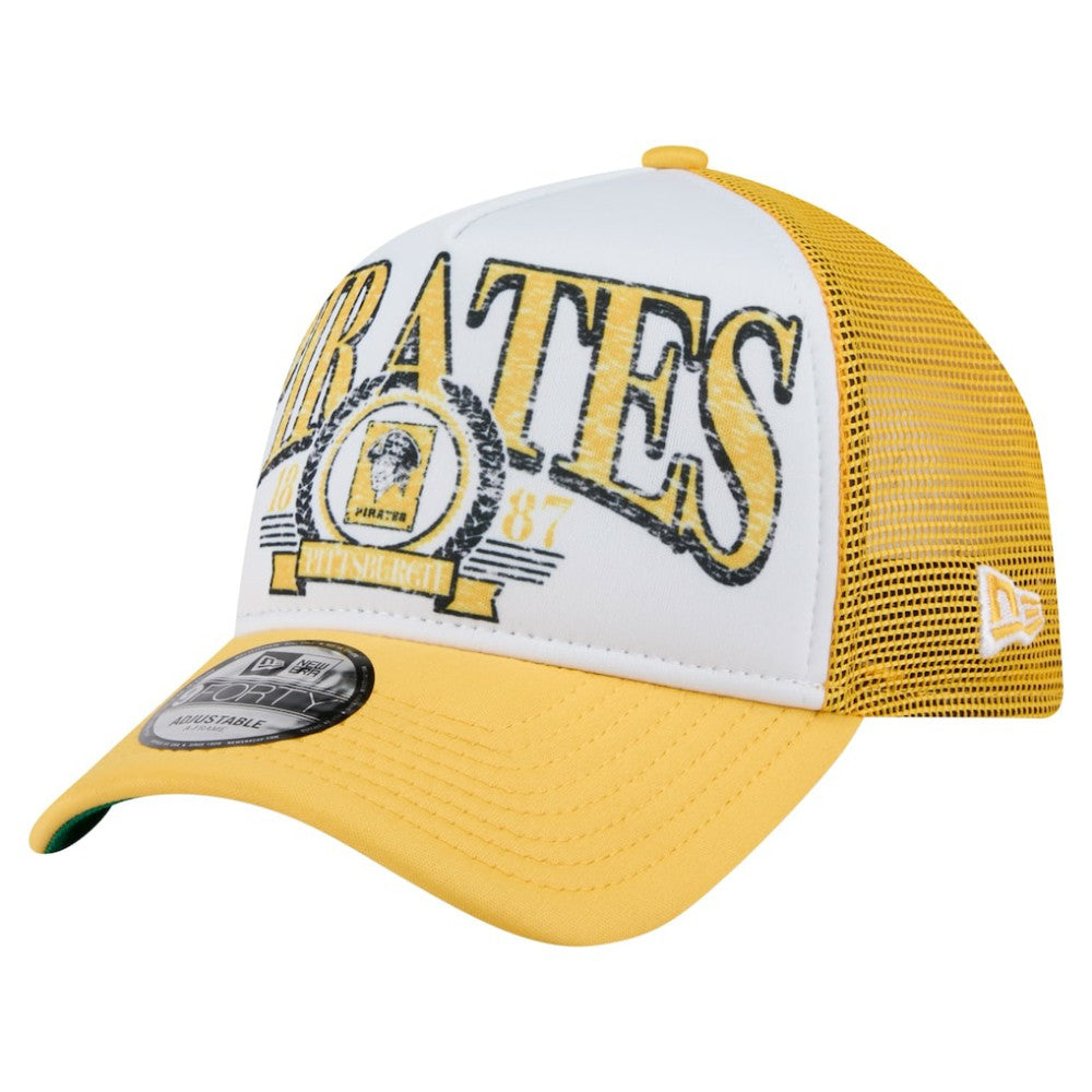 Pittsburgh Pirates Distressed 9FORTY A-Frame Adjustable Trucker Hat - White/Gold | New Era