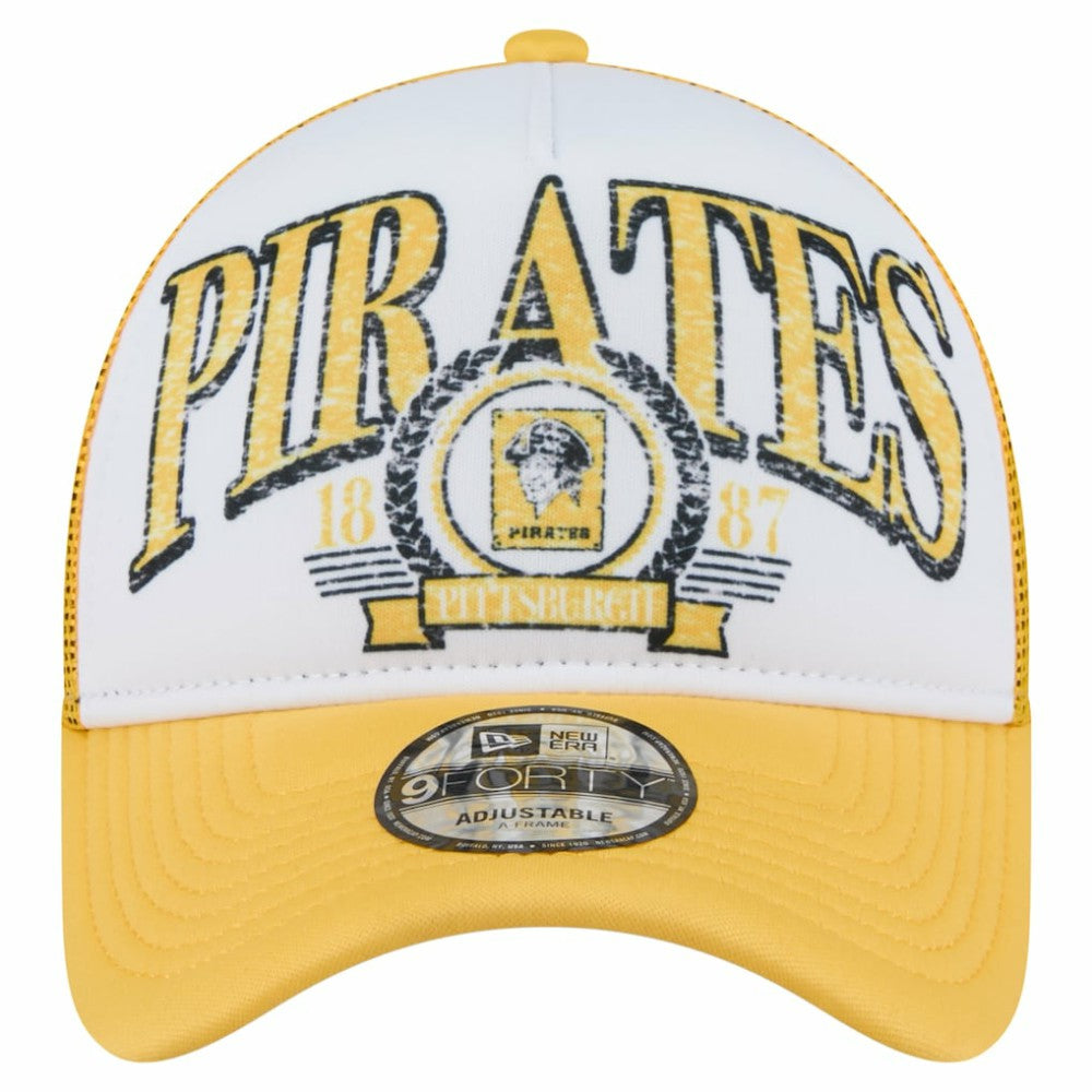 Pittsburgh Pirates Distressed 9FORTY A-Frame Adjustable Trucker Hat - White/Gold | New Era