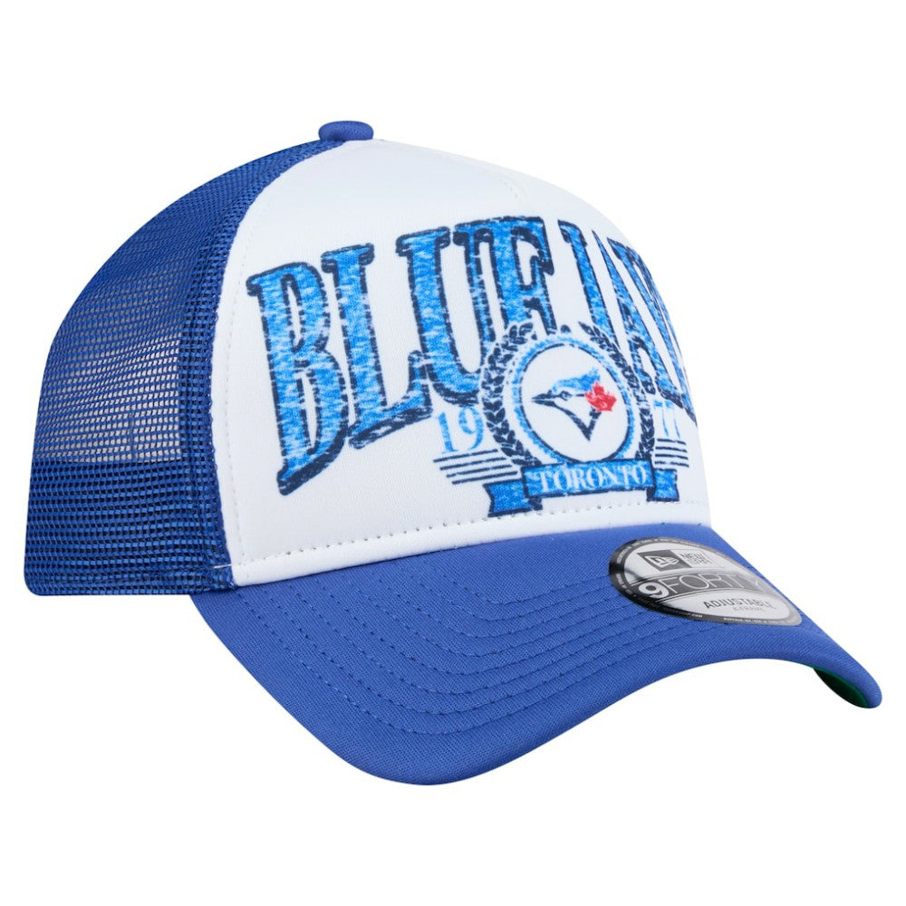 Toronto Blue Jays Distressed 9FORTY A-Frame Adjustable Trucker Hat - White/Royal | New Era