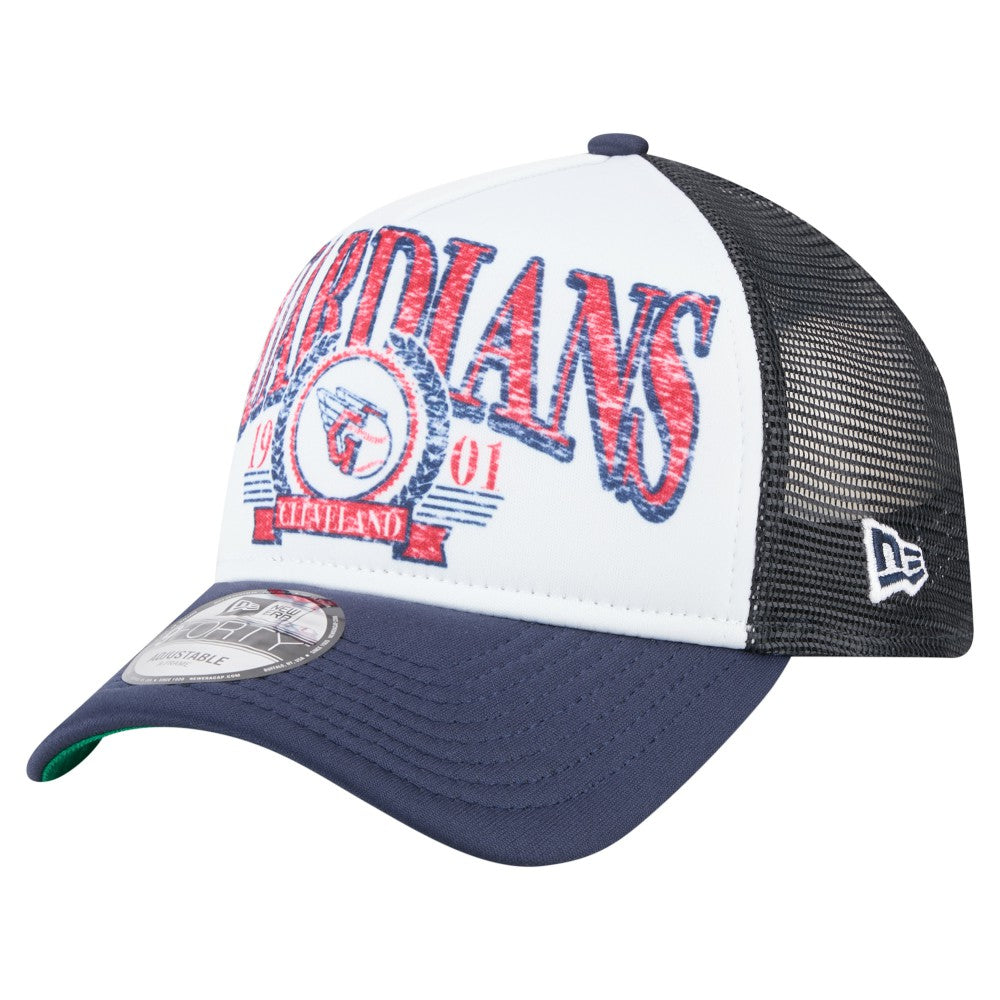 Cleveland Guardians Distressed 9FORTY A-Frame Adjustable Trucker Hat - White/Navy | New Era