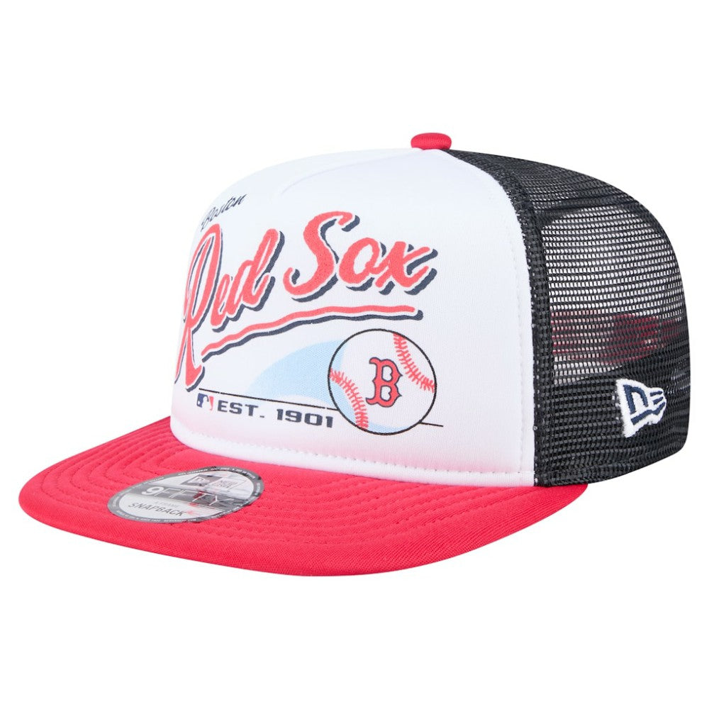 Boston Red Sox Retro Script Trucker 9FIFTY Snapback Hat - White/Red | New Era