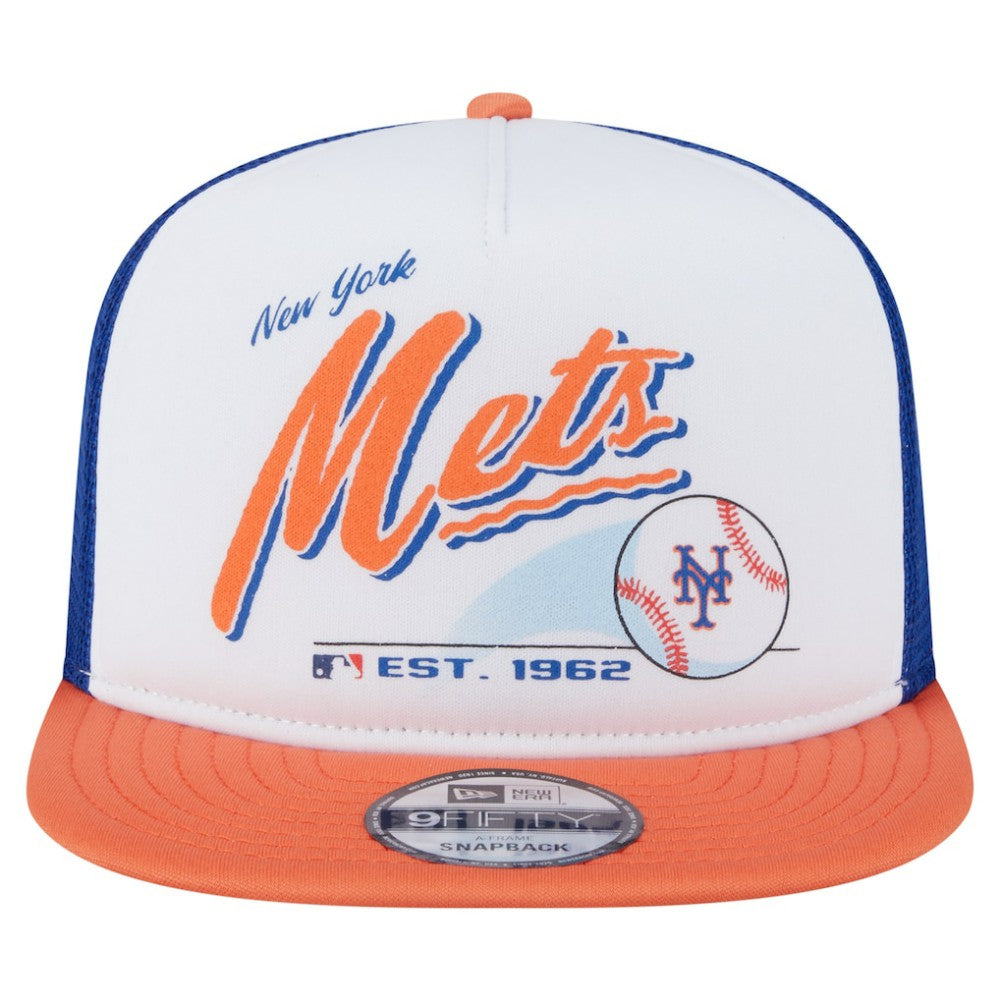 New York Mets Retro Script Trucker 9FIFTY Snapback Hat - White/Orange | New Era
