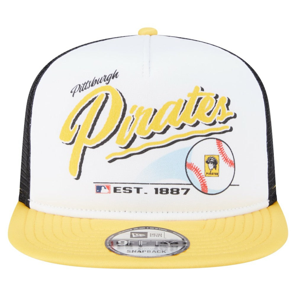 Pittsburgh Pirates Retro Script Trucker 9FIFTY Snapback Hat - White/Gold | New Era