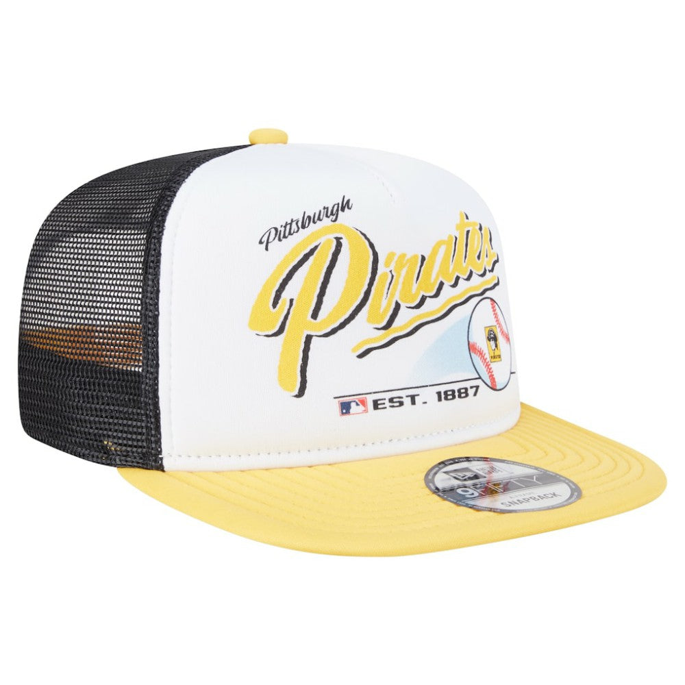 Pittsburgh Pirates Retro Script Trucker 9FIFTY Snapback Hat - White/Gold | New Era