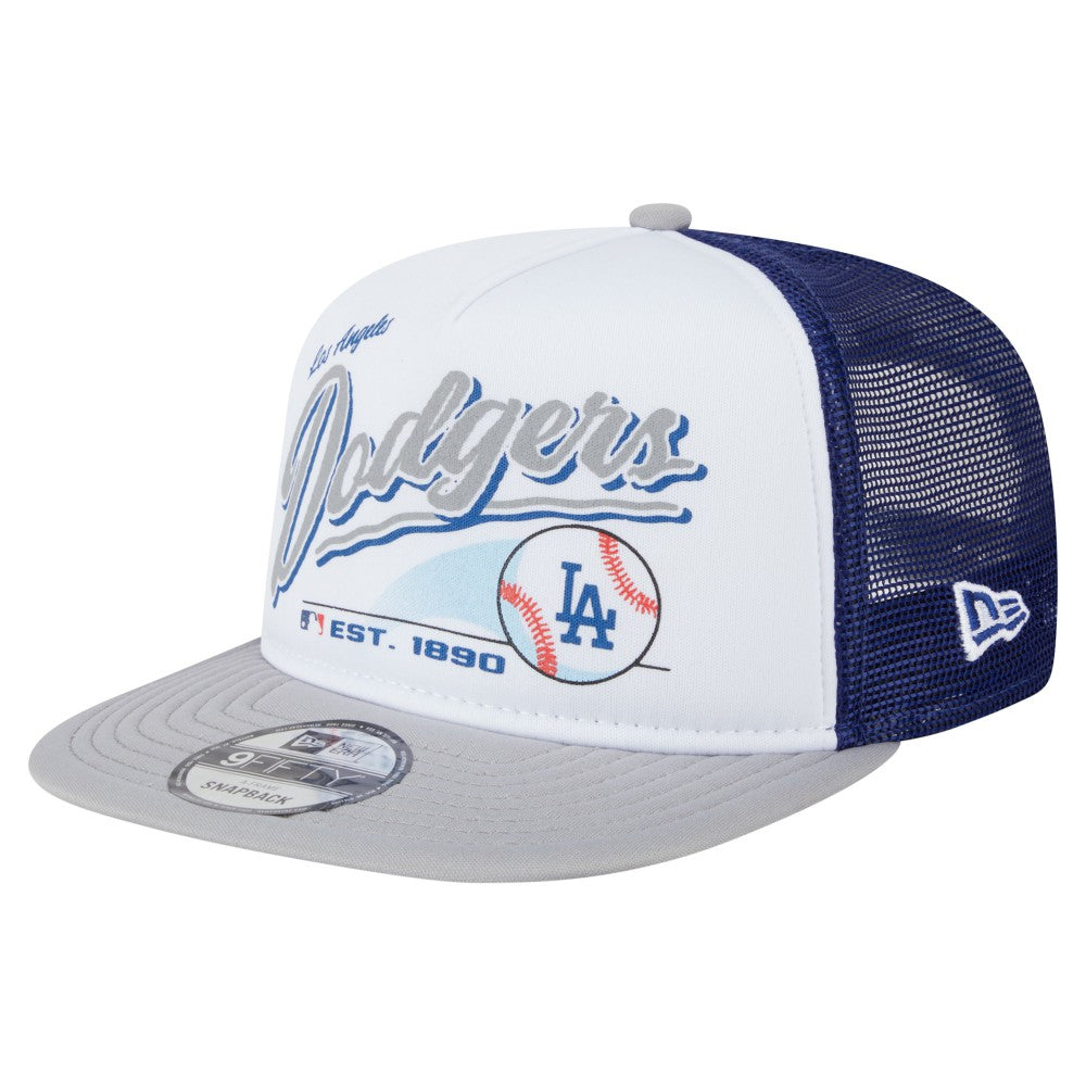 Los Angeles Dodgers Retro Script Trucker 9FIFTY Snapback Hat - White/Gray | New Era
