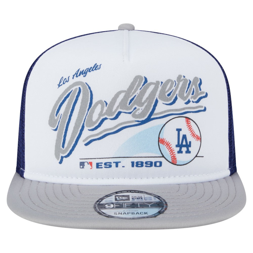 Los Angeles Dodgers Retro Script Trucker 9FIFTY Snapback Hat - White/Gray | New Era