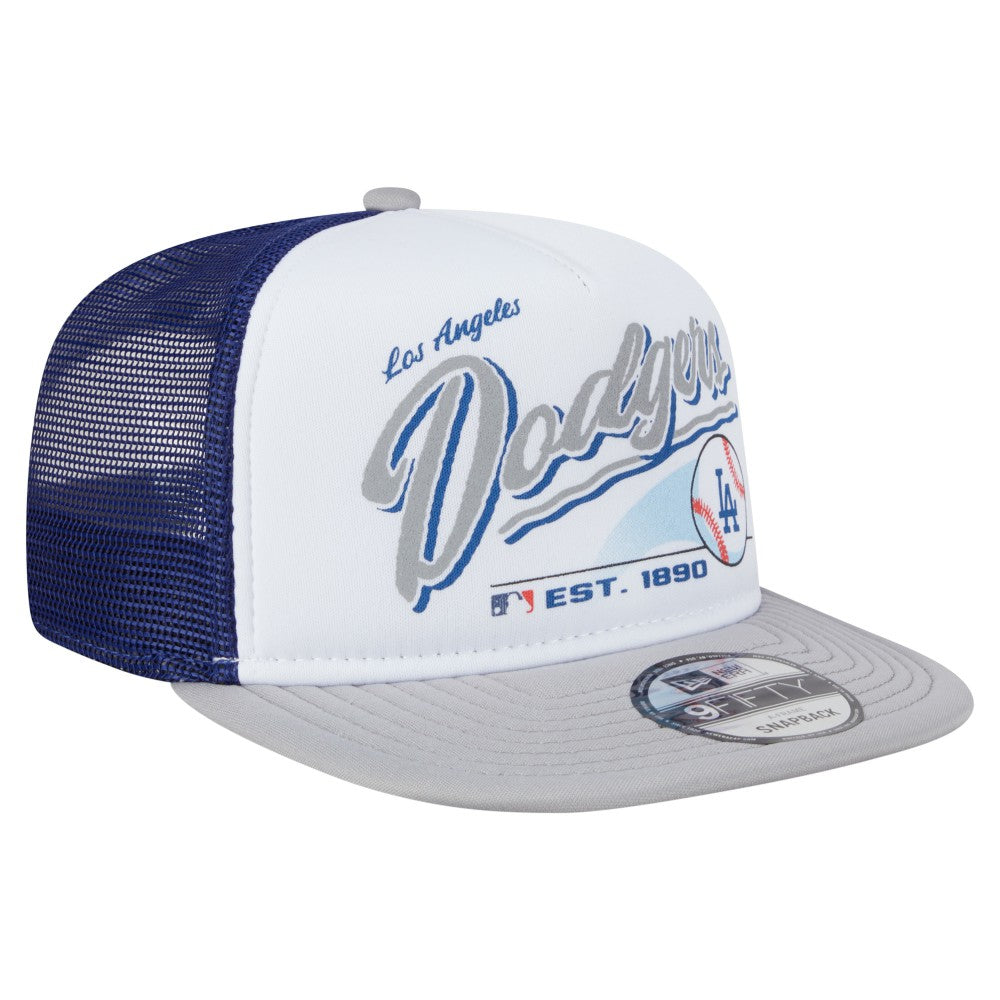 Los Angeles Dodgers Retro Script Trucker 9FIFTY Snapback Hat - White/Gray | New Era