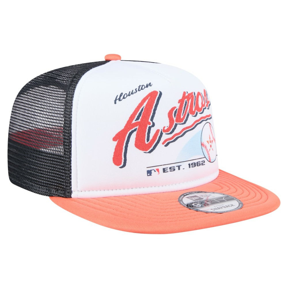 Houston Astros Retro Script Trucker 9FIFTY Snapback Hat - White/Orange | New Era