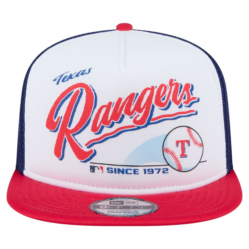 Texas Rangers Retro Script Trucker 9FIFTY Snapback Hat - White/Red | New Era