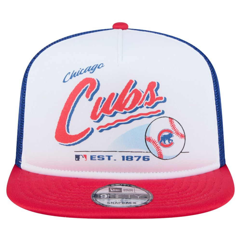 Chicago Cubs Retro Script Trucker 9FIFTY Snapback Hat - White/Red | New Era