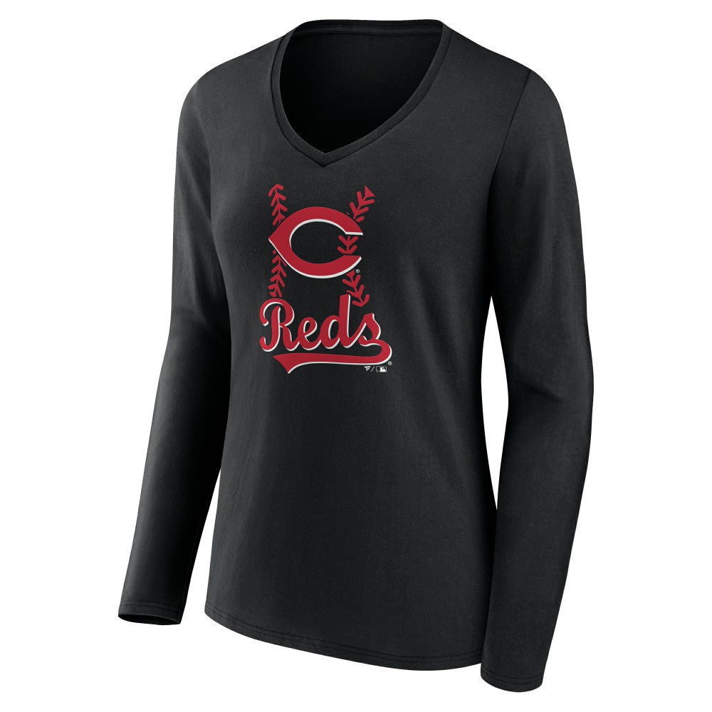 Cincinnati Reds Women's Fastball Long Sleeve V-Neck T-Shirt - Black