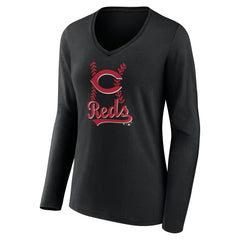 Cincinnati Reds Women's Fastball Long Sleeve V-Neck T-Shirt - Black