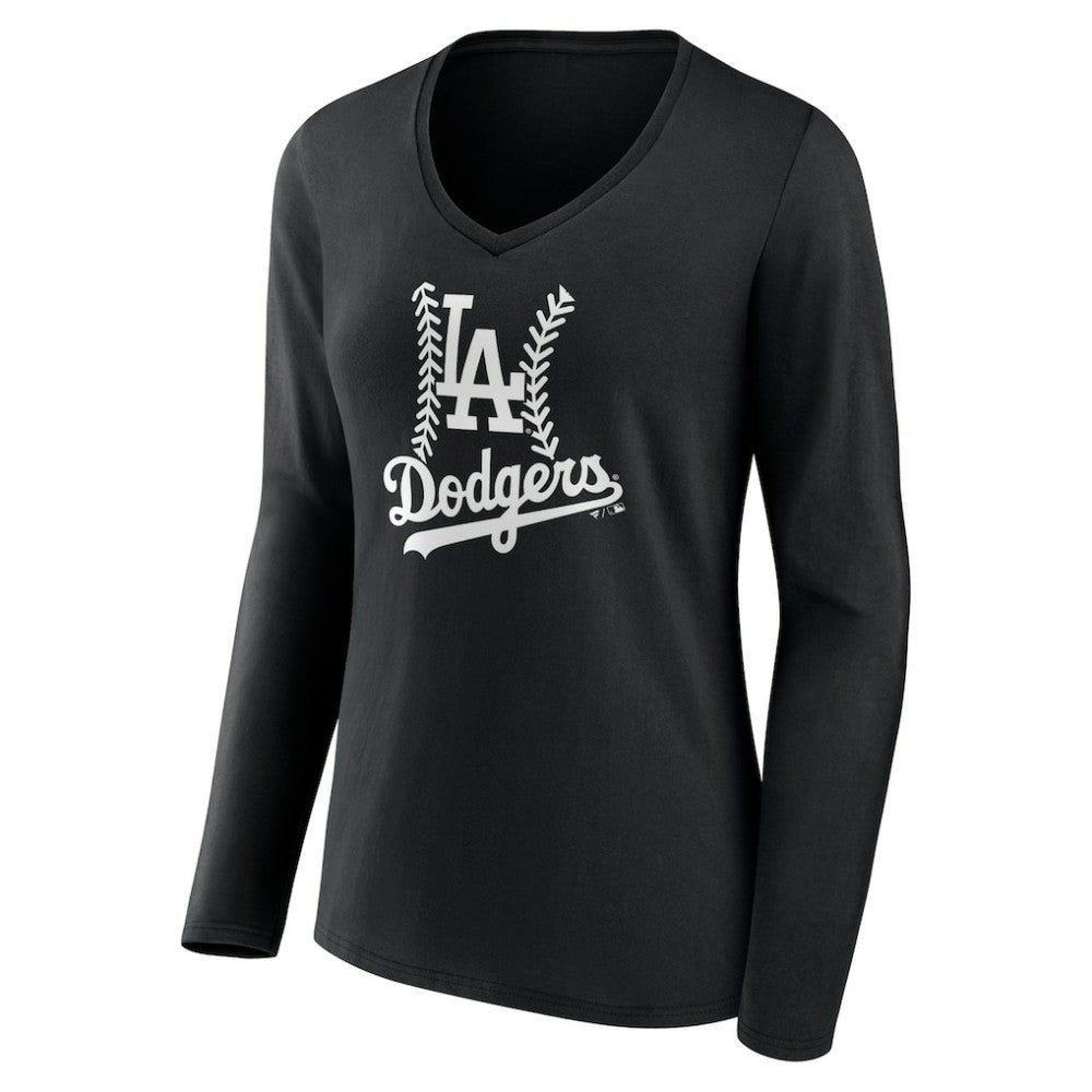 Los Angeles Dodgers Women's Fastball Long Sleeve V-Neck T-Shirt - Black