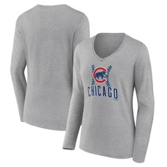 Chicago Cubs Women's Fastball Long Sleeve V-Neck T-Shirt - Gray