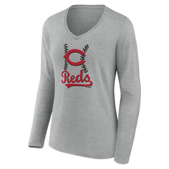 Cincinnati Reds Women's Fastball Long Sleeve V-Neck T-Shirt - Gray