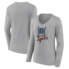 Detroit Tigers Women's Fastball Long Sleeve V-Neck T-Shirt - Gray