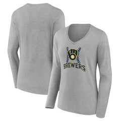 Milwaukee Brewers Women's Fastball Long Sleeve V-Neck T-Shirt - Gray