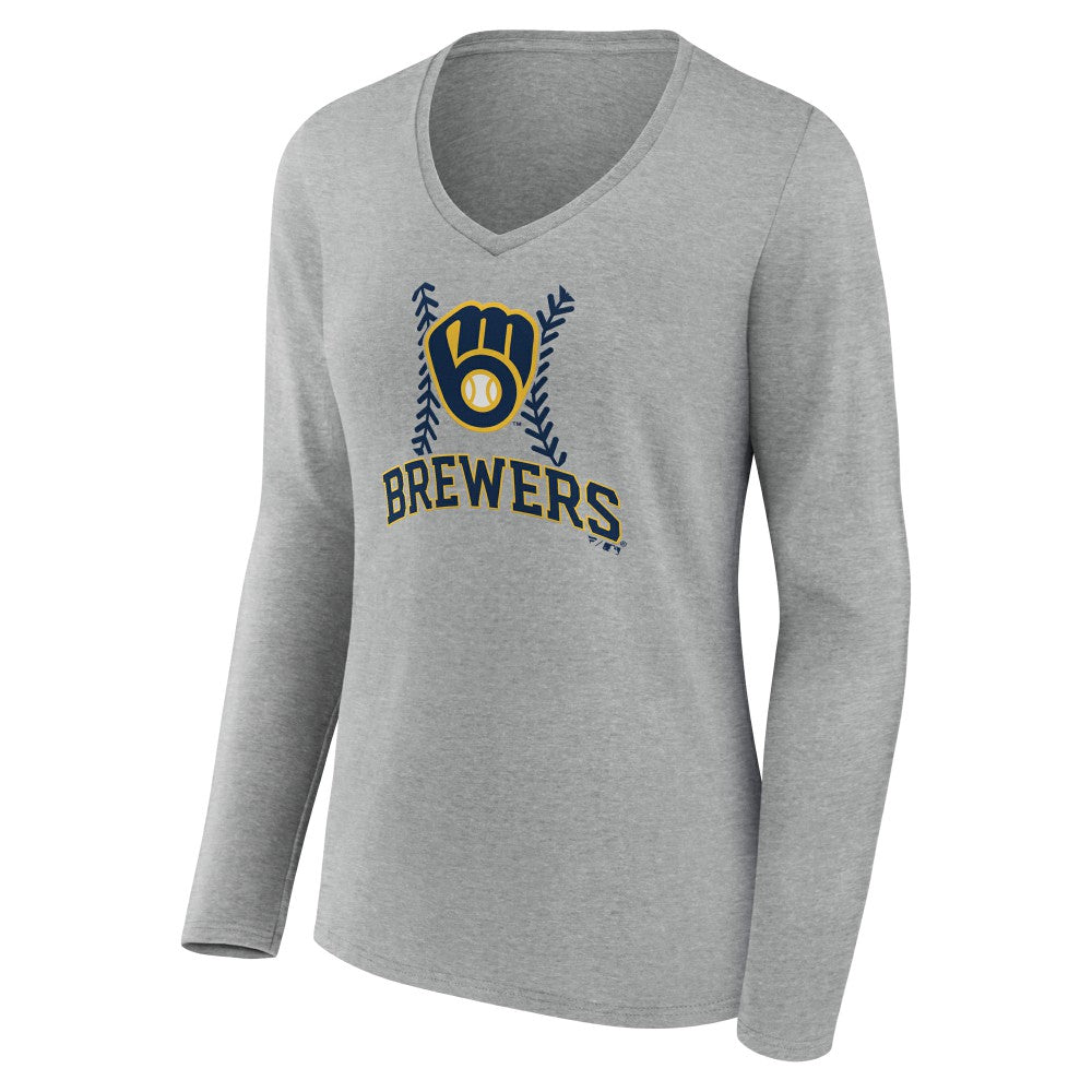 Milwaukee Brewers Women's Fastball Long Sleeve V-Neck T-Shirt - Gray