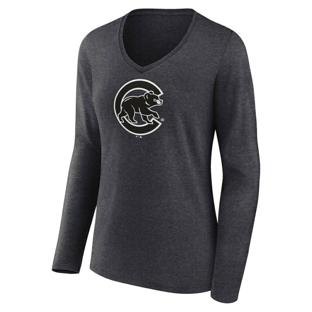 Chicago Cubs Women's Monochrome Long Sleeve V-Neck T-Shirt - Charcoal