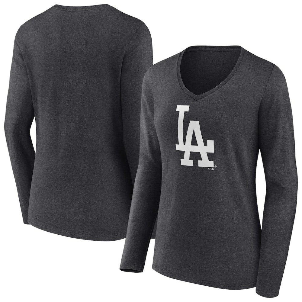Los Angeles Dodgers Women's Monochrome Long Sleeve V-Neck T-Shirt - Charcoal