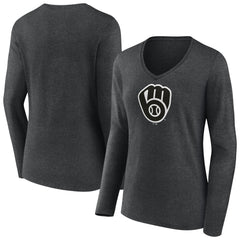 Milwaukee Brewers Women's Monochrome Long Sleeve V-Neck T-Shirt - Charcoal