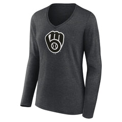 Milwaukee Brewers Women's Monochrome Long Sleeve V-Neck T-Shirt - Charcoal