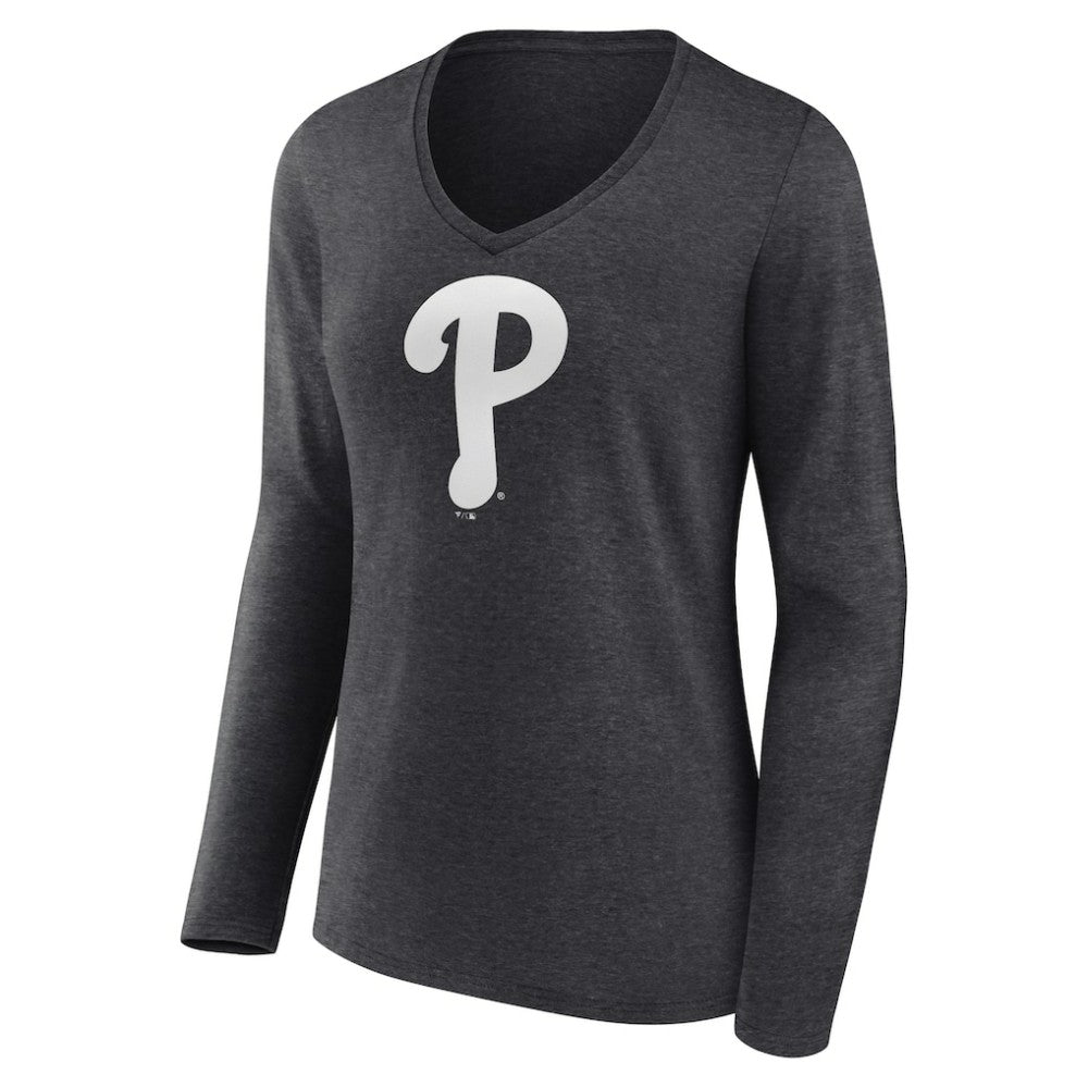 Philadelphia Phillies Women's Monochrome Long Sleeve V-Neck T-Shirt - Charcoal