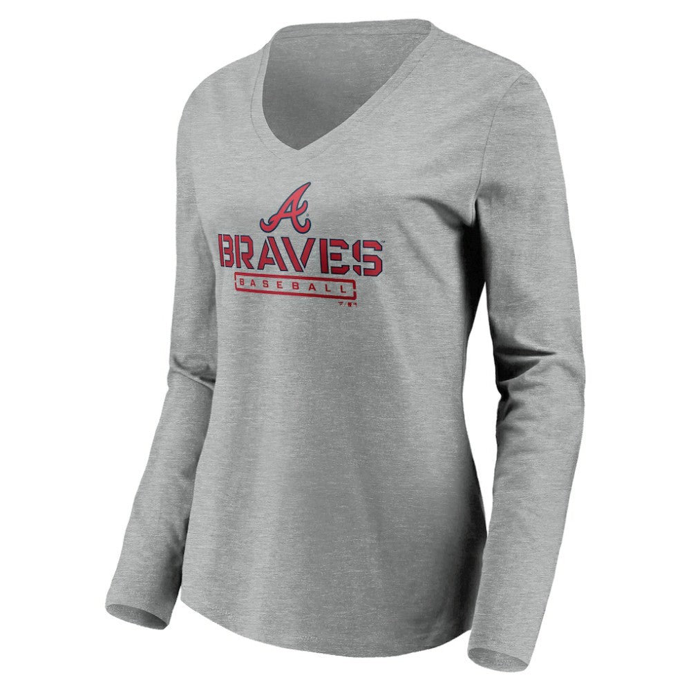 Atlanta Braves Women's Evanston Stencil Long Sleeve V-Neck T-Shirt - Gray