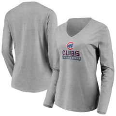 Chicago Cubs Women's Evanston Stencil Long Sleeve V-Neck T-Shirt - Gray
