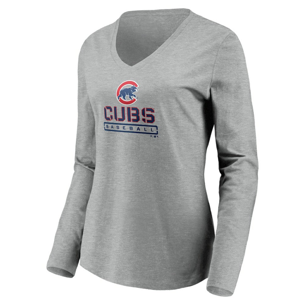 Chicago Cubs Women's Evanston Stencil Long Sleeve V-Neck T-Shirt - Gray