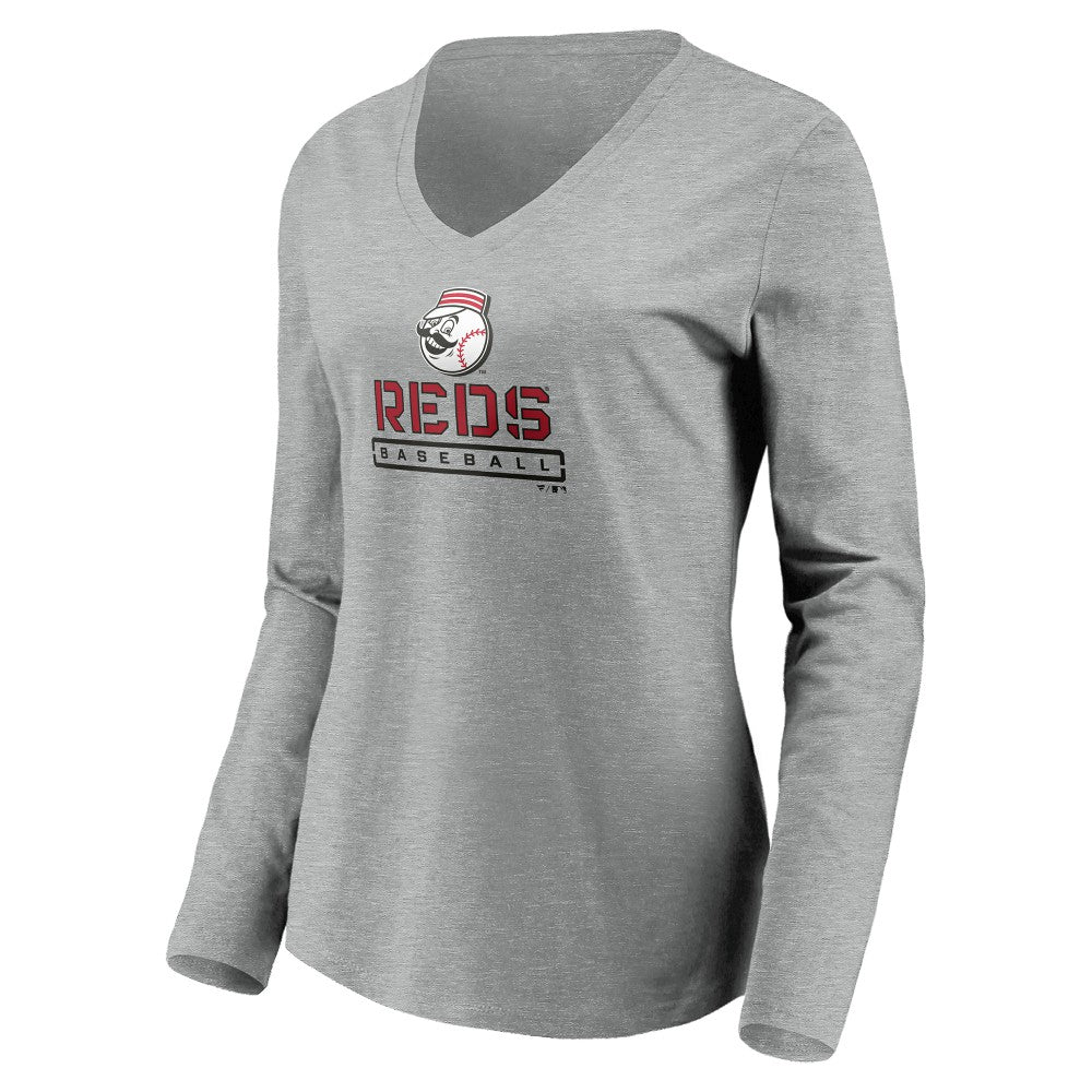 Cincinnati Reds Women's Evanston Stencil Long Sleeve V-Neck T-Shirt - Gray
