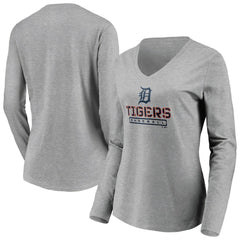 Detroit Tigers Women's Evanston Stencil Long Sleeve V-Neck T-Shirt - Gray