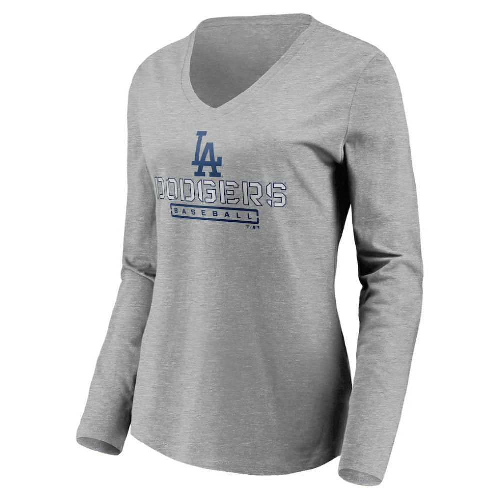 Los Angeles Dodgers Women's Evanston Stencil Long Sleeve V-Neck T-Shirt - Gray