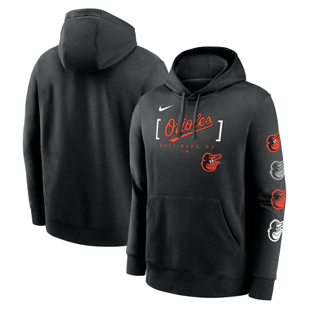 Baltimore Orioles Club Stack Pullover Hoodie - Black | Nike