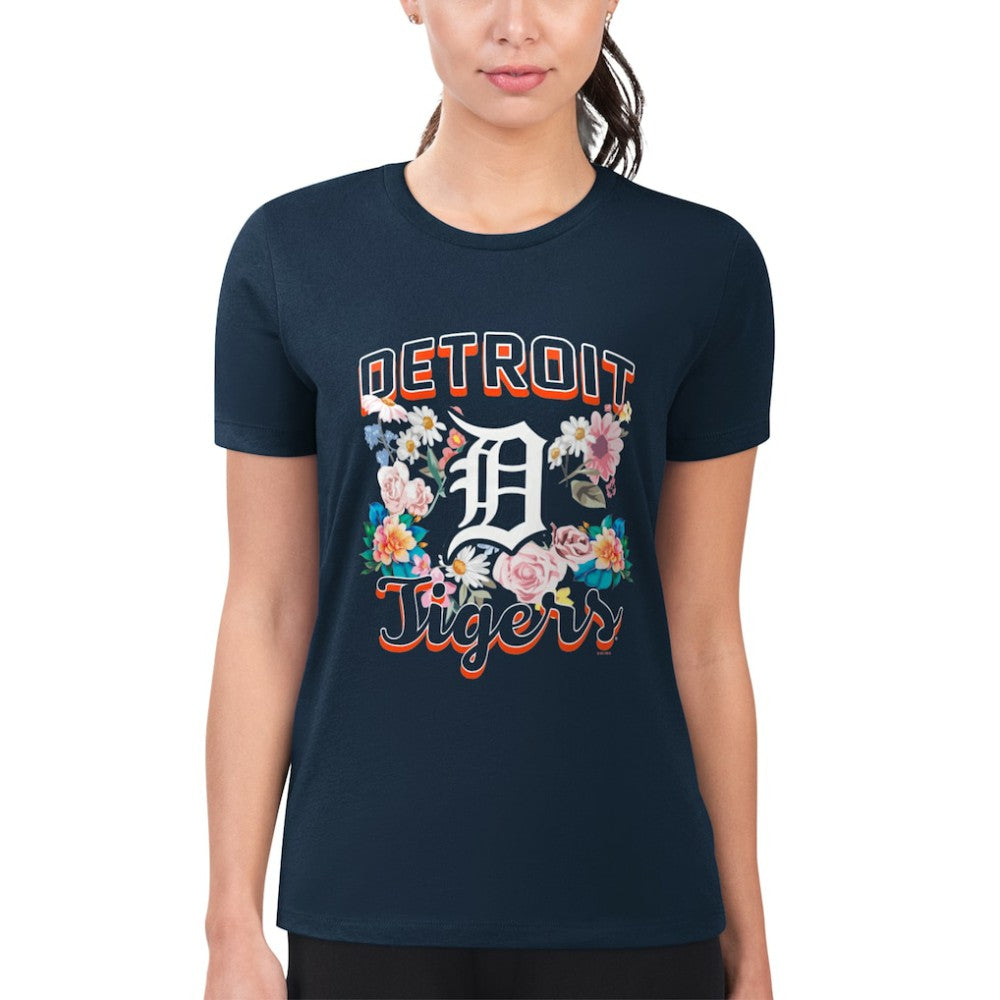Detroit Tigers G-III 4Her by Carl Banks Women's Super-Slim Fit Lightweight Flowers Graphic T-Shirt - Navy