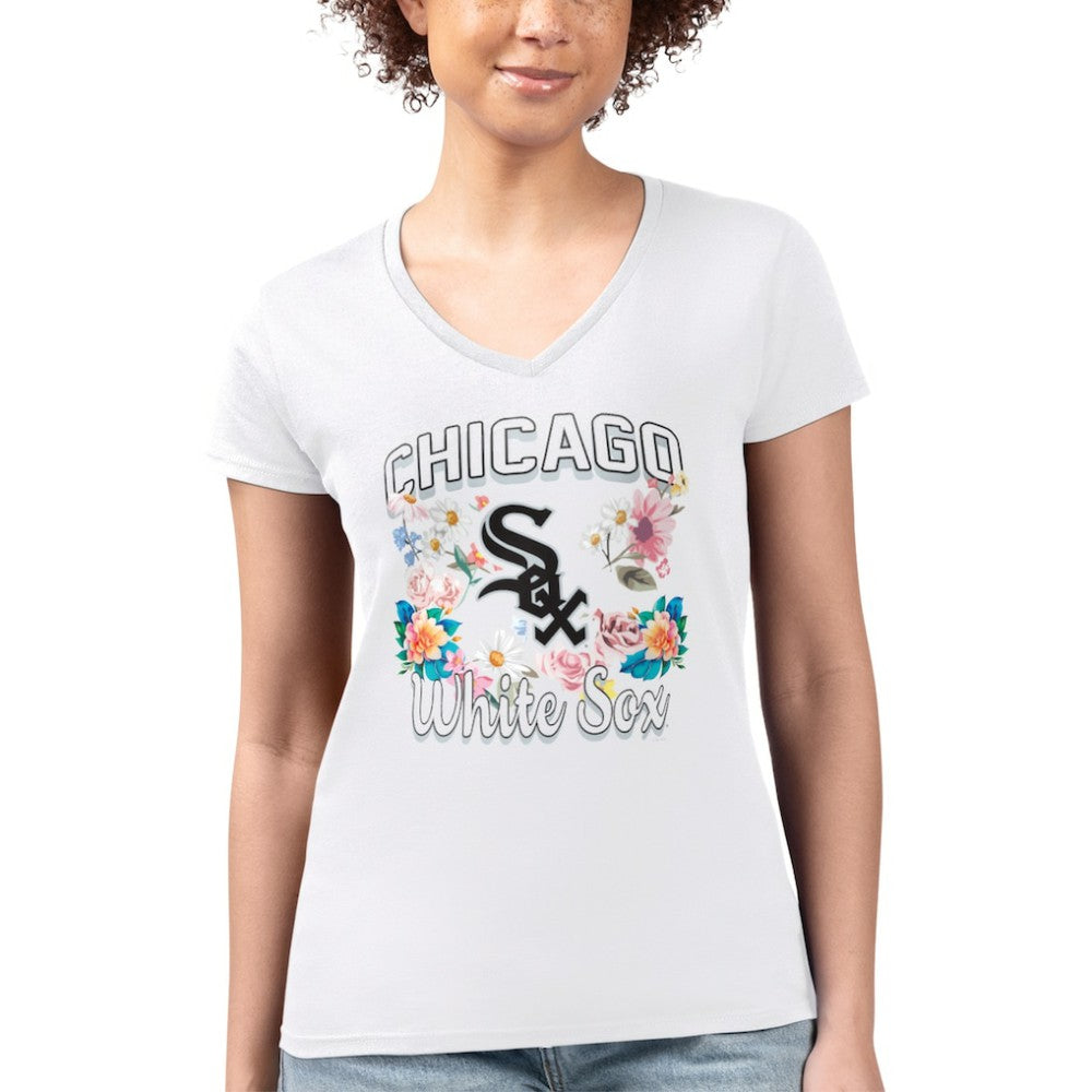 Chicago White Sox G-III 4Her by Carl Banks Women's Super-Slim Fit Lightweight Flowers Graphic V-Neck T-Shirt - White