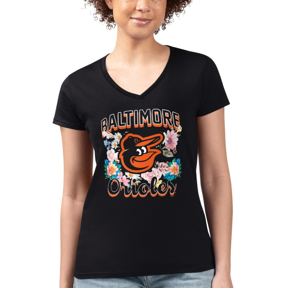 Baltimore Orioles G-III 4Her by Carl Banks Women's Super-Slim Fit Lightweight Flowers Graphic V-Neck T-Shirt - Black